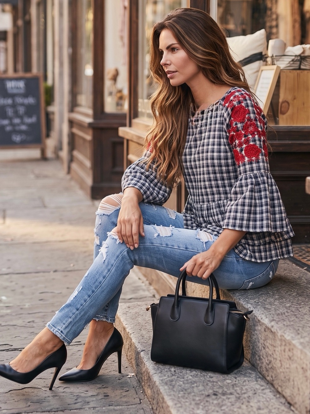 entro Black-and-White Plaid Peplum Top with Red Floral Shoulders - Picture 2 of 10